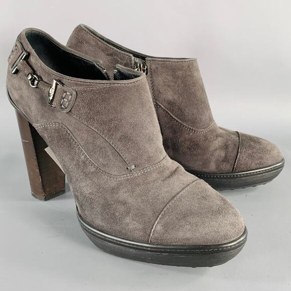 TOD'S Size 8.5 Grey Suede Platform Stacked Heel Ankle Boots - Picture 1 of 8